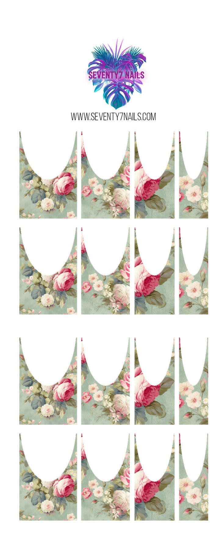 Waterslide Nail Decals - French Cut - Mint Floral - Seventy7 Nail Decals