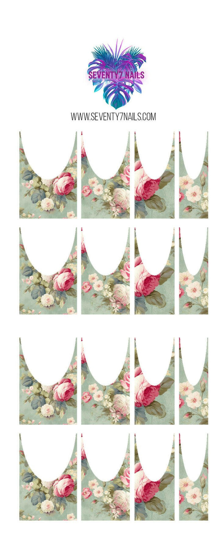 Waterslide Nail Decals - French Cut - Mint Floral - Seventy7 Nail Decals
