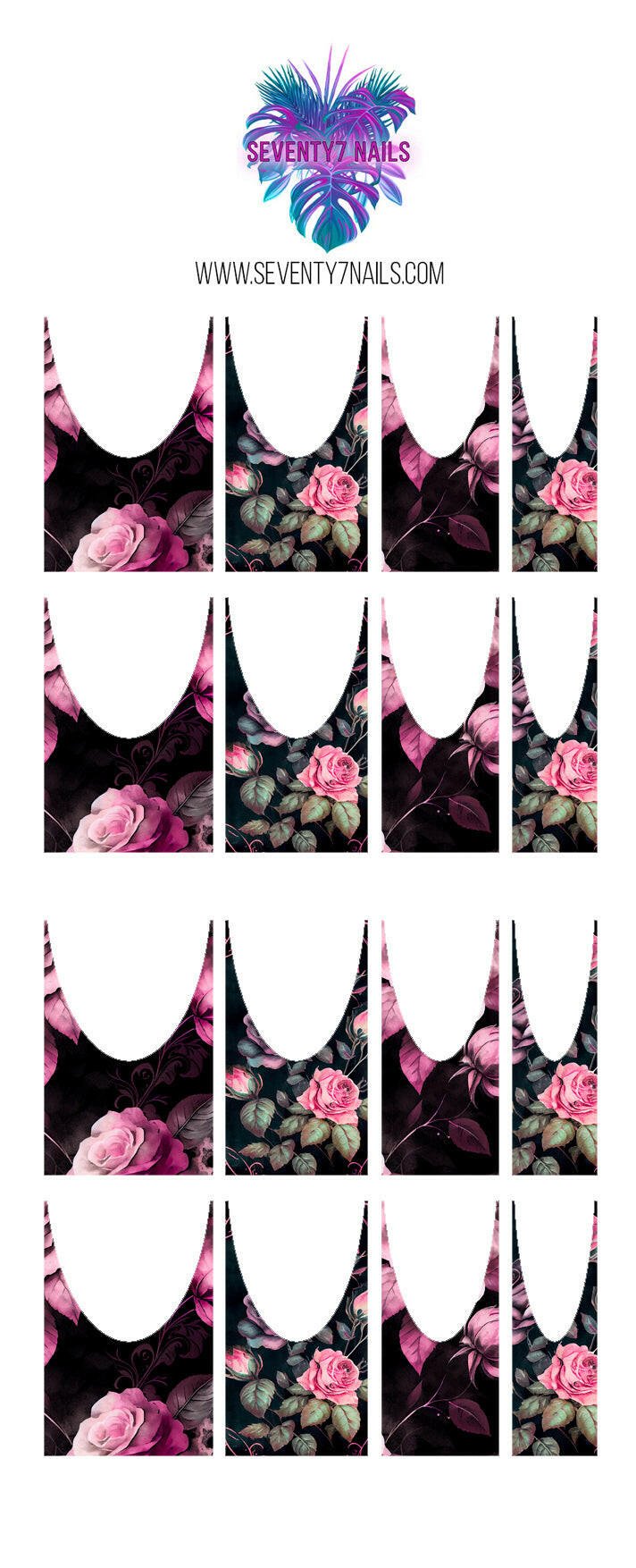 Waterslide Nail Decals - French Cut - Pink Rose Garden - Seventy7 Nail Decals