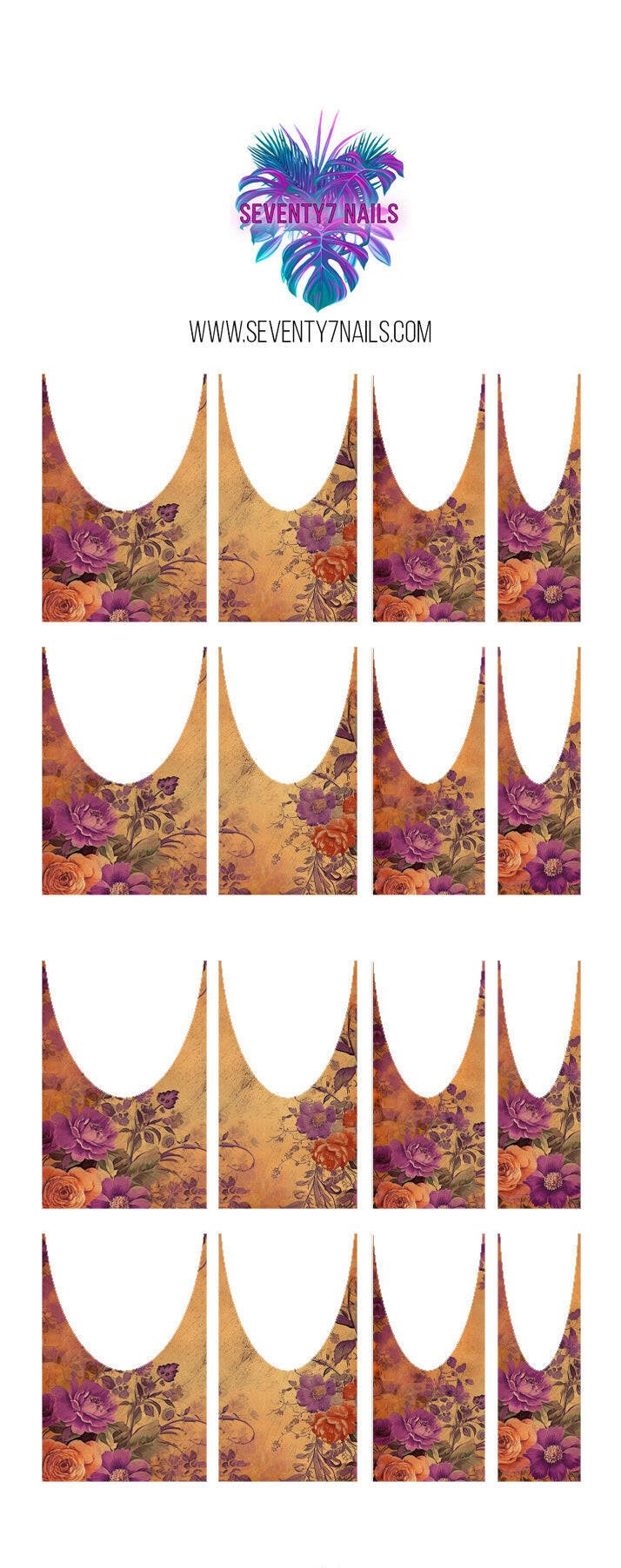 Waterslide Nail Decals - French Cut - Purple Orange Floral - Seventy7 Nail Decals