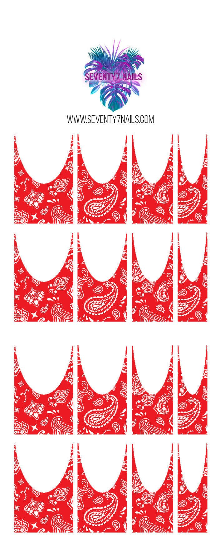 Waterslide Nail Decals - French Cut - Red Bandana - Seventy7 Nail Decals