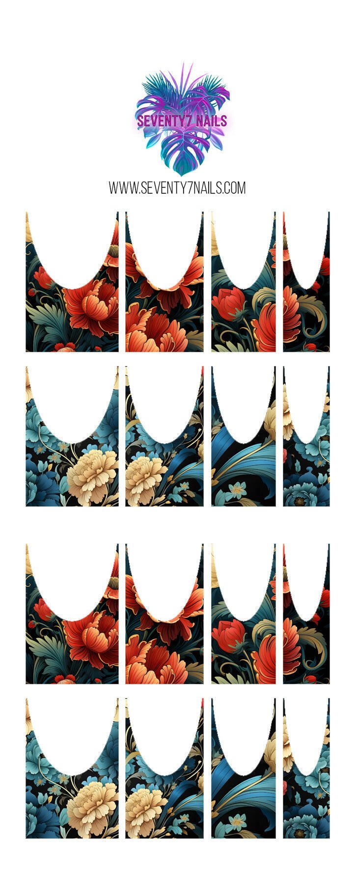 Waterslide Nail Decals - French Cut - Red Vintage Floral - Seventy7 Nail Decals
