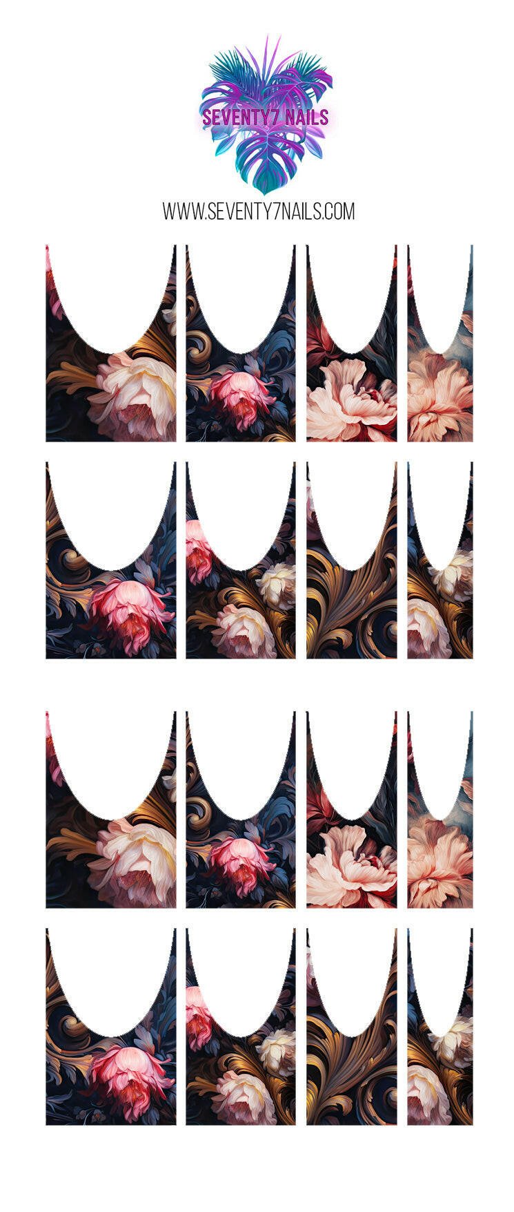 Waterslide Nail Decals - French Cut - Rococo Floral - Seventy7 Nail Decals