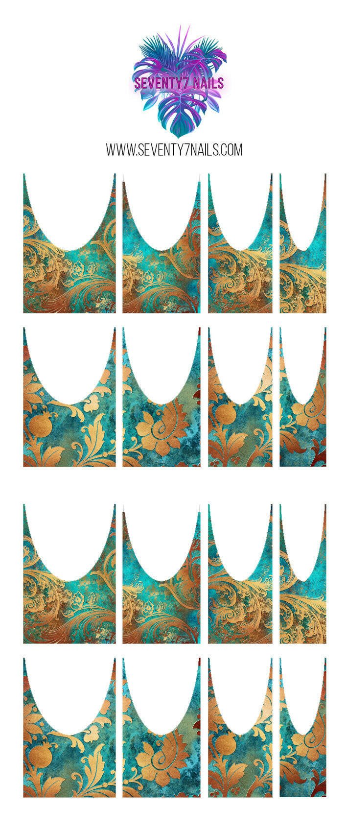 Waterslide Nail Decals - French Cut - Teal Patina - Seventy7 Nail Decals