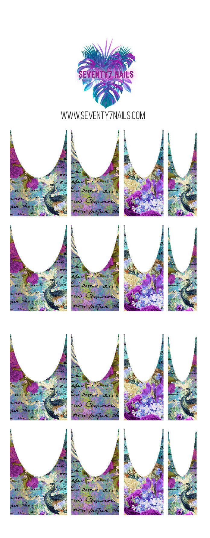 Waterslide Nail Decals - French Cut - Vintage Peacock - Seventy7 Nail Decals