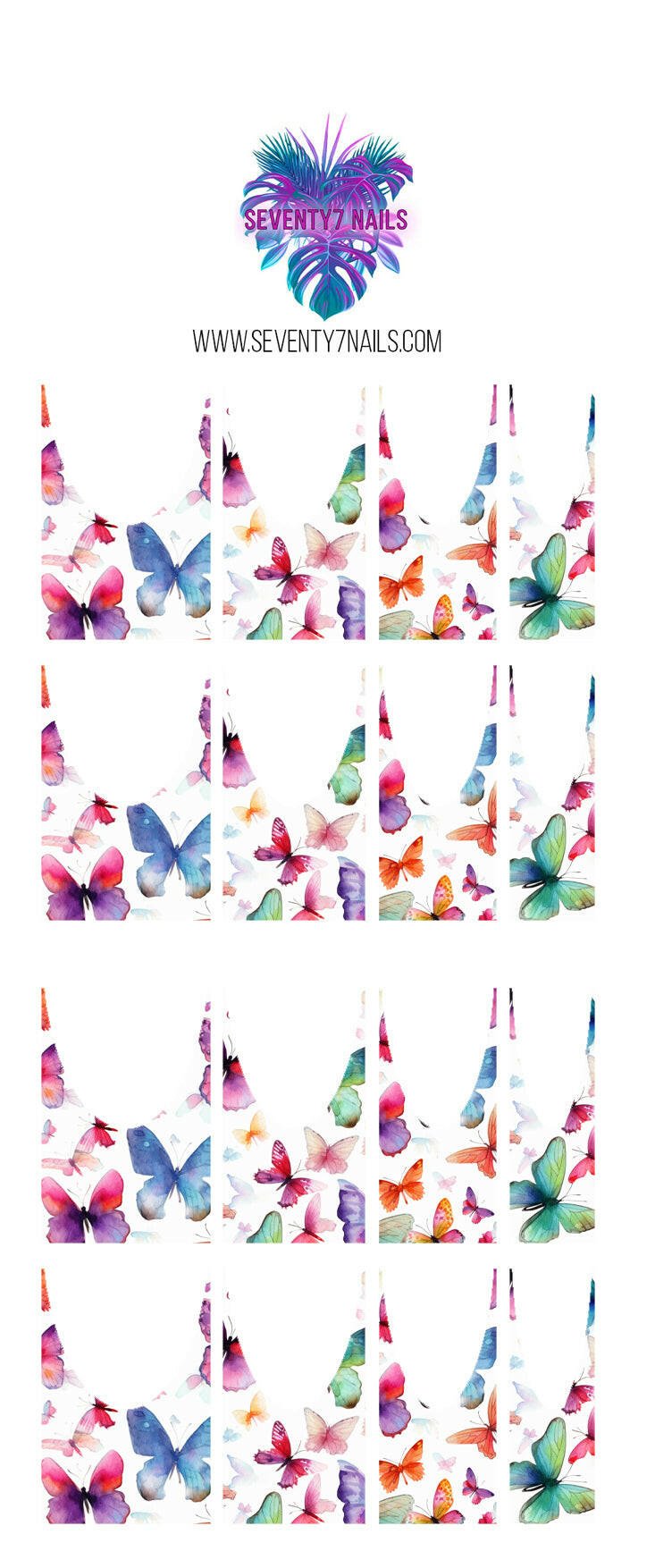 Waterslide Nail Decals - French Cut - Watercolor Butterflies - Seventy7 Nail Decals