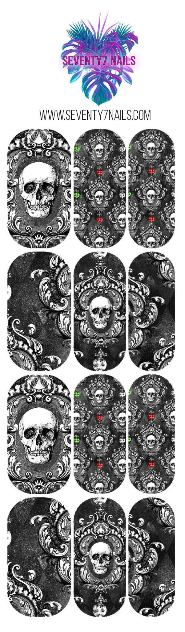 Waterslide Nail Decals - Goth Xmas Skulls - Seventy7 Nail Decals