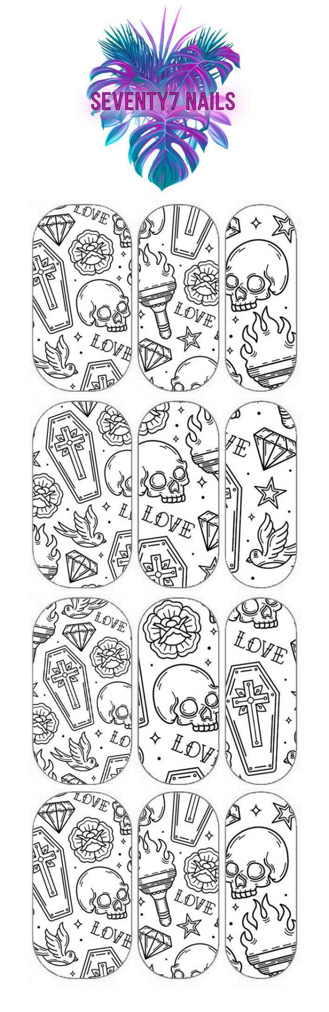 Waterslide Nail Decals - Love Coffins (Clear Background) - Seventy7 Nail Decals