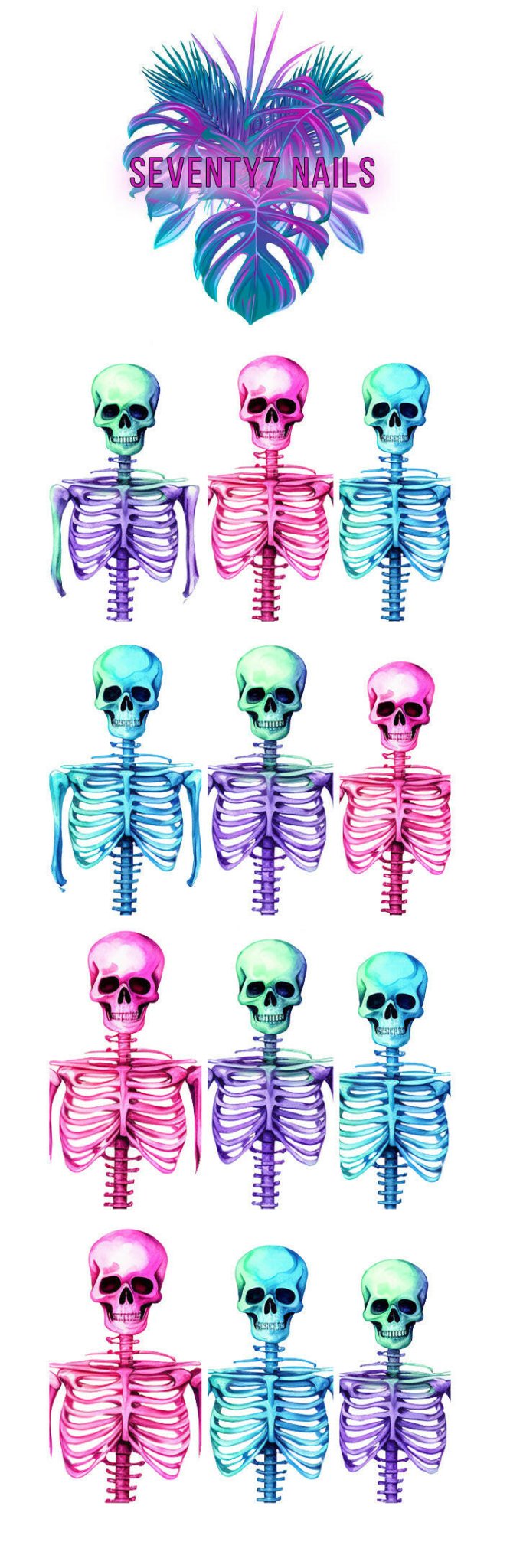 Waterslide Nail Decals - Neon Skeletons (Clear Background) - Seventy7 Nail Decals