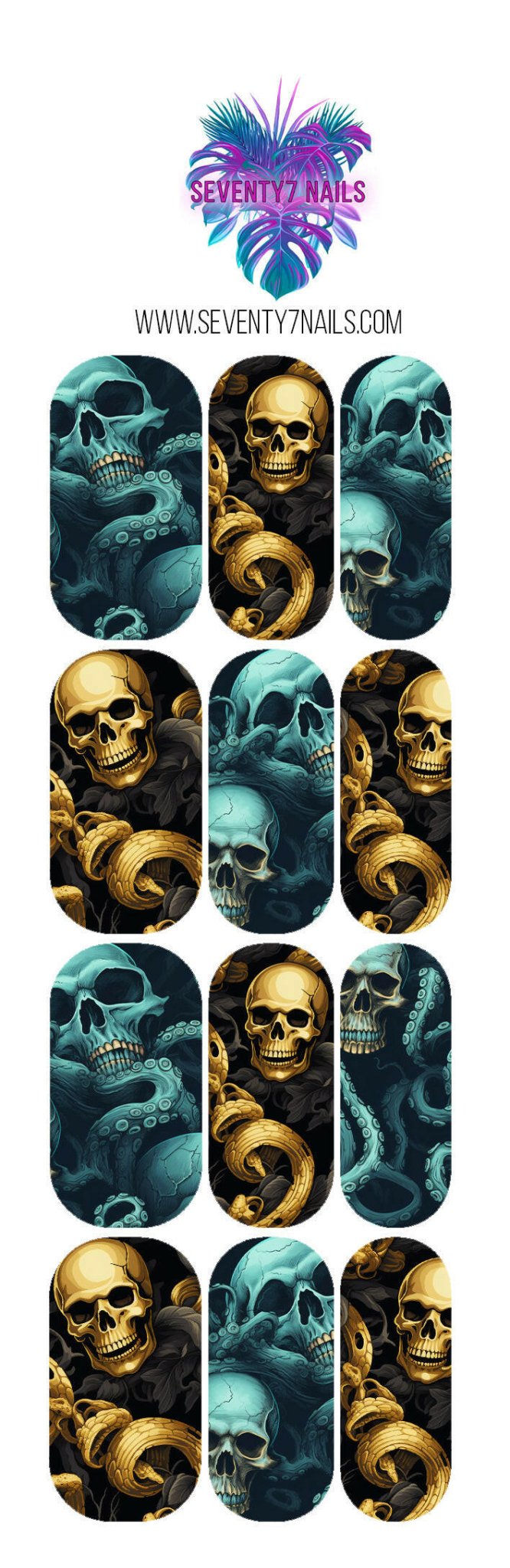 Waterslide Nail Decals - Octopus Skulls - Seventy7 Nail Decals