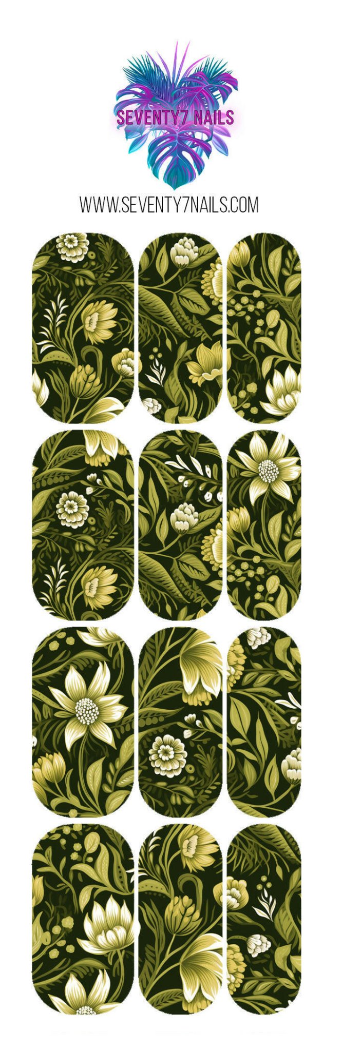 Waterslide Nail Decals - Olive Green Floral - Seventy7 Nail Decals