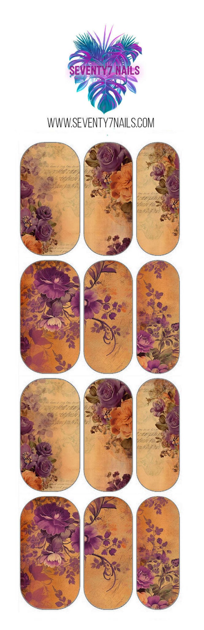 Waterslide Nail Decals - Orange Purple Floral - Seventy7 Nail Decals