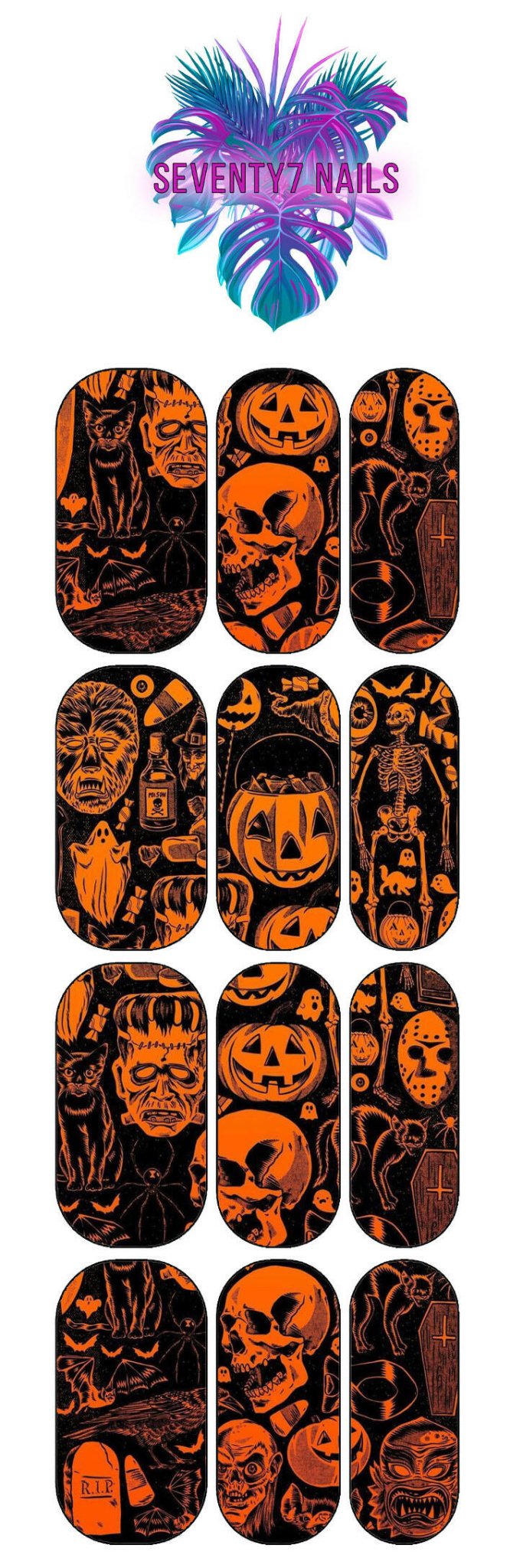 Waterslide Nail Decals - Orange Spooky Pattern - Seventy7 Nail Decals