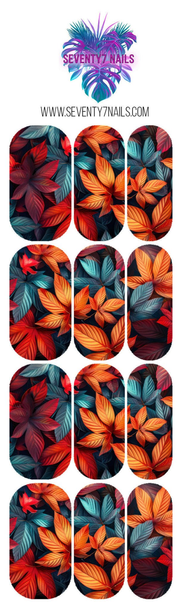 Waterslide Nail Decals - Orange Teal Leaves - Seventy7 Nail Decals