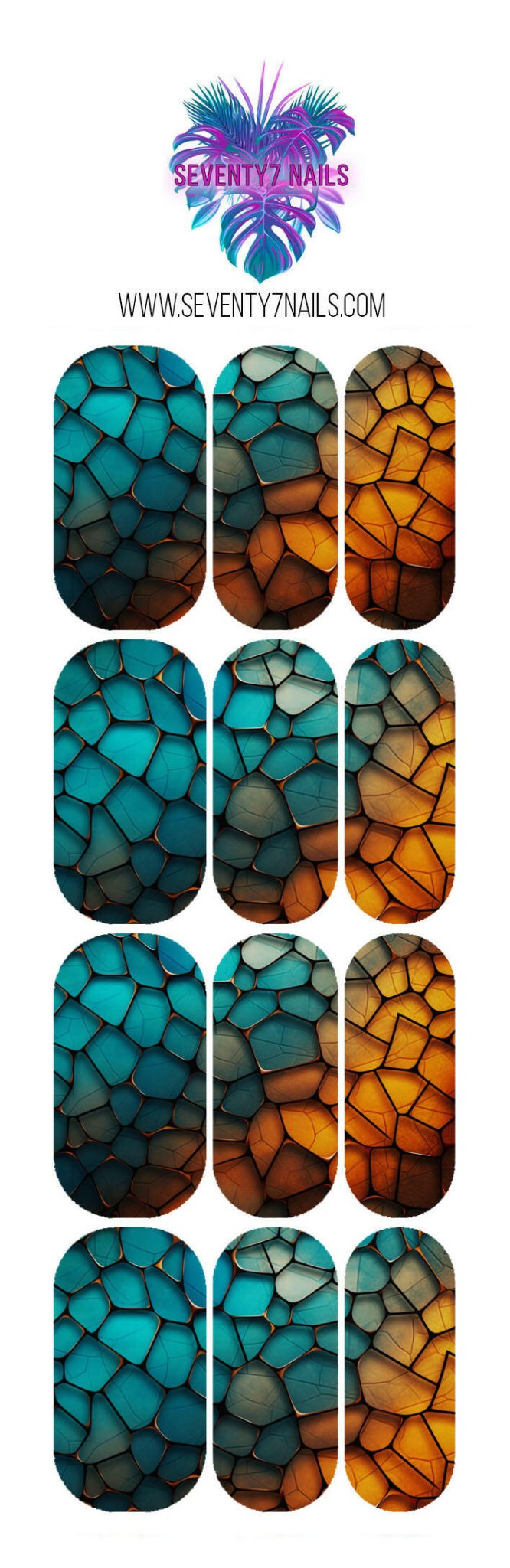 Waterslide Nail Decals - Orange Teal Scales - Seventy7 Nail Decals