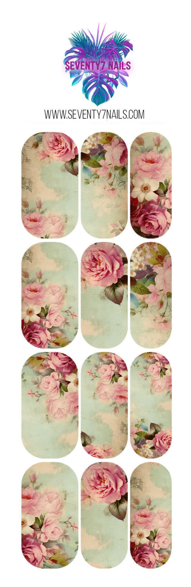 Waterslide Nail Decals - Pink Mint Floral - Seventy7 Nail Decals