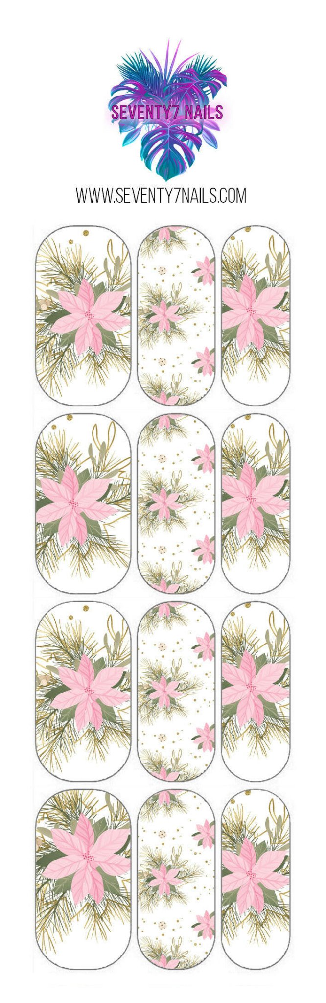 Waterslide Nail Decals - Pink Poinsettias - Seventy7 Nail Decals