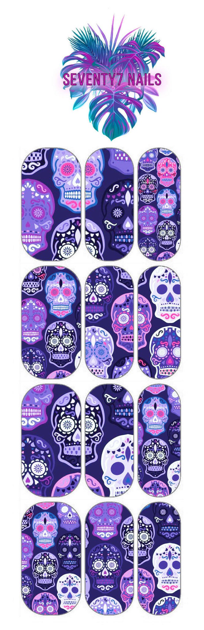 Waterslide Nail Decals - Purple Sugar Skulls - Seventy7 Nail Decals