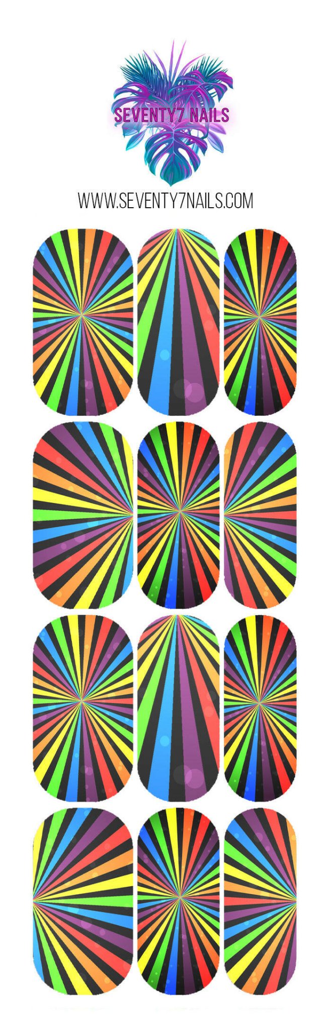 Waterslide Nail Decals - Rainbow Burst - Seventy7 Nail Decals