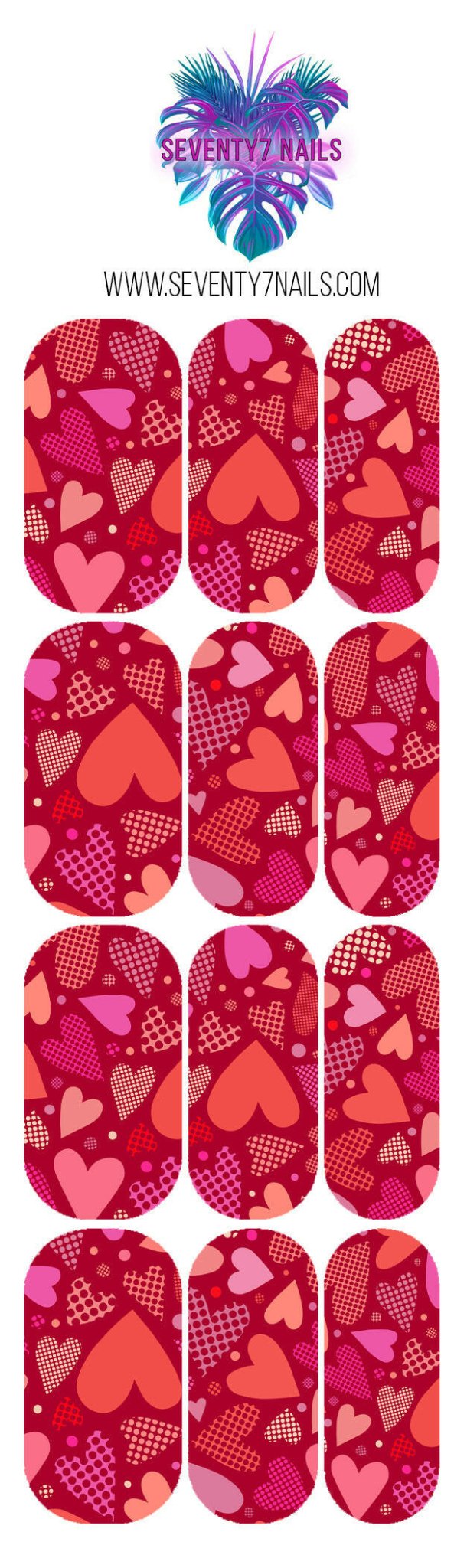 Waterslide Nail Decals - Red & Pink Hearts - Seventy7 Nail Decals