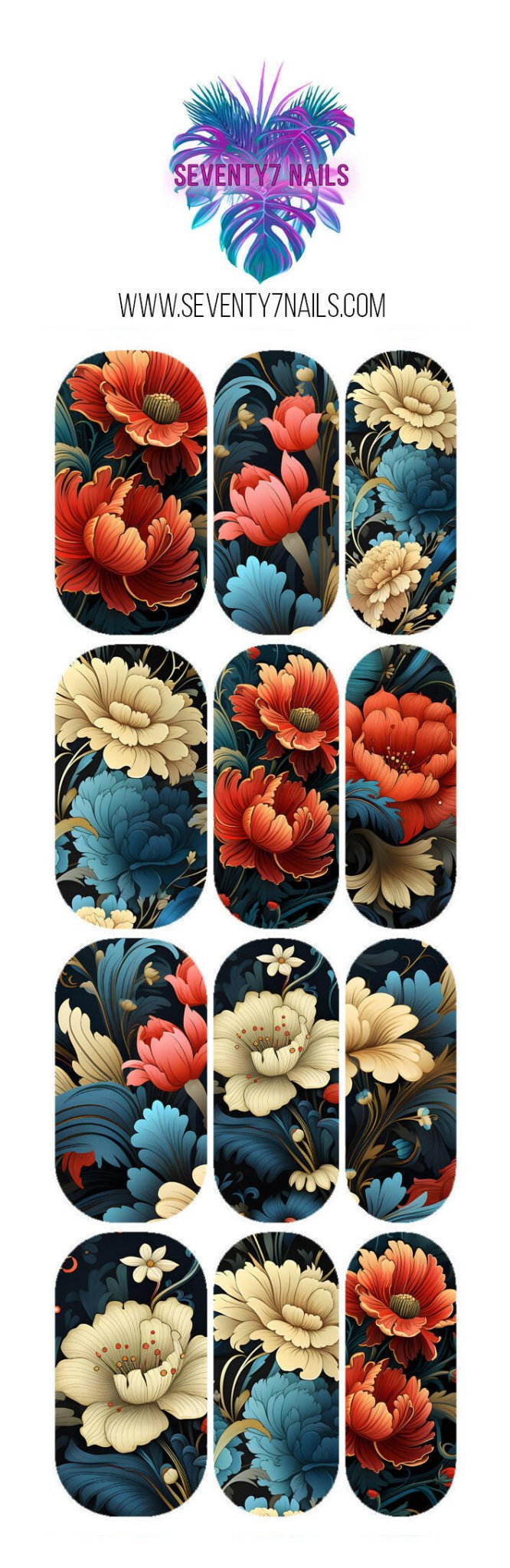 Waterslide Nail Decals - Red Vintage Floral - Seventy7 Nail Decals