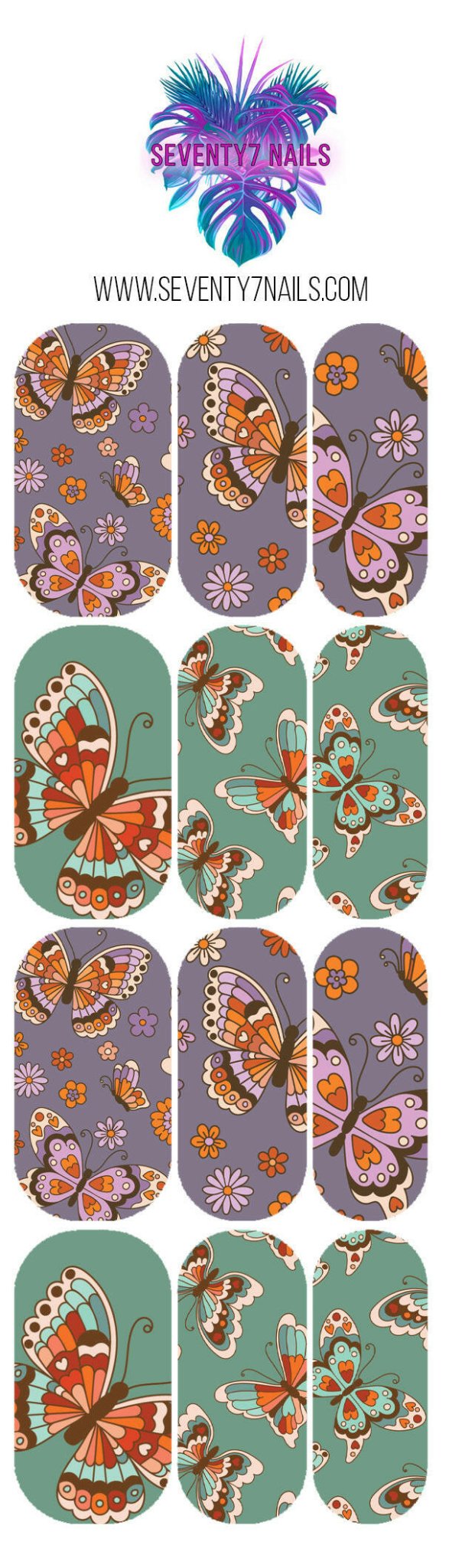 Waterslide Nail Decals - Retro Butterflies - Seventy7 Nail Decals