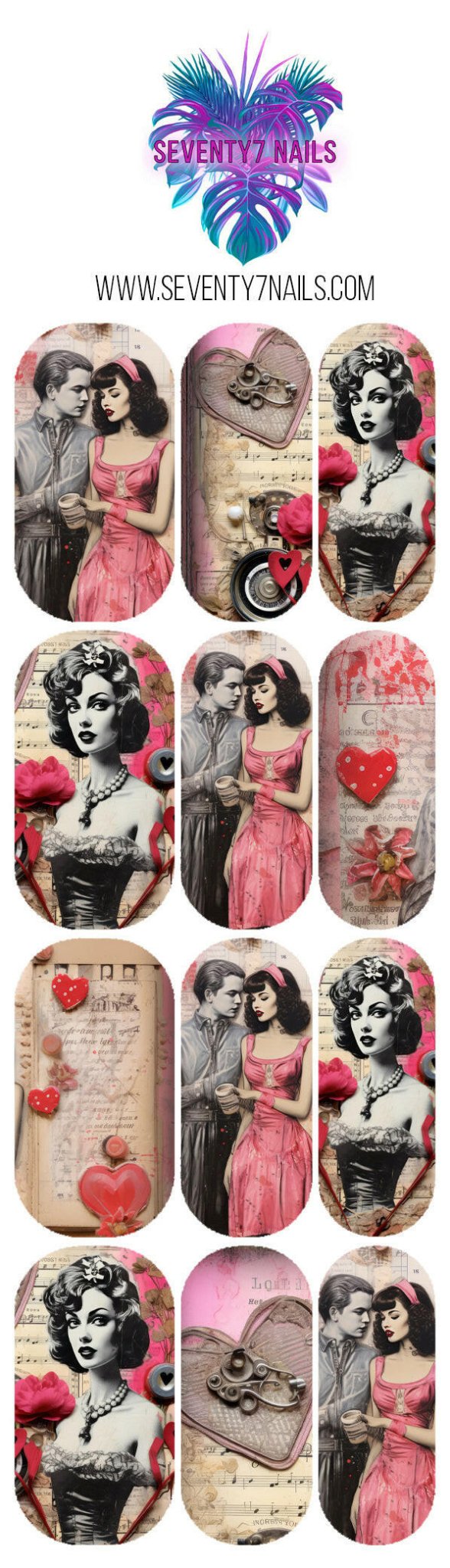 Waterslide Nail Decals - Retro Love - Seventy7 Nail Decals