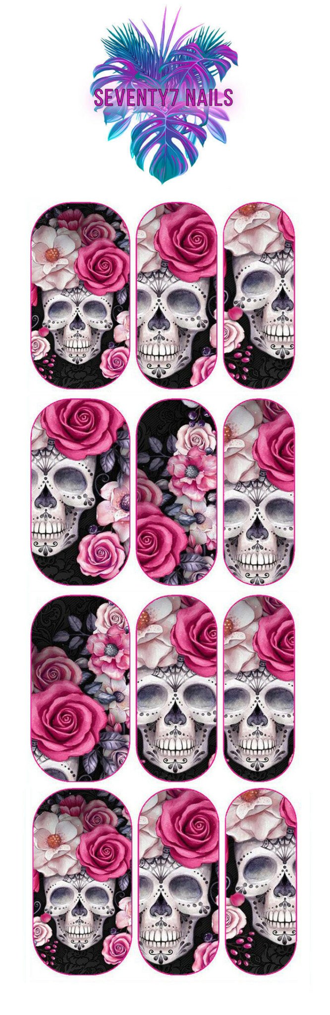Waterslide Nail Decals - Skull & Pink Roses - Seventy7 Nail Decals