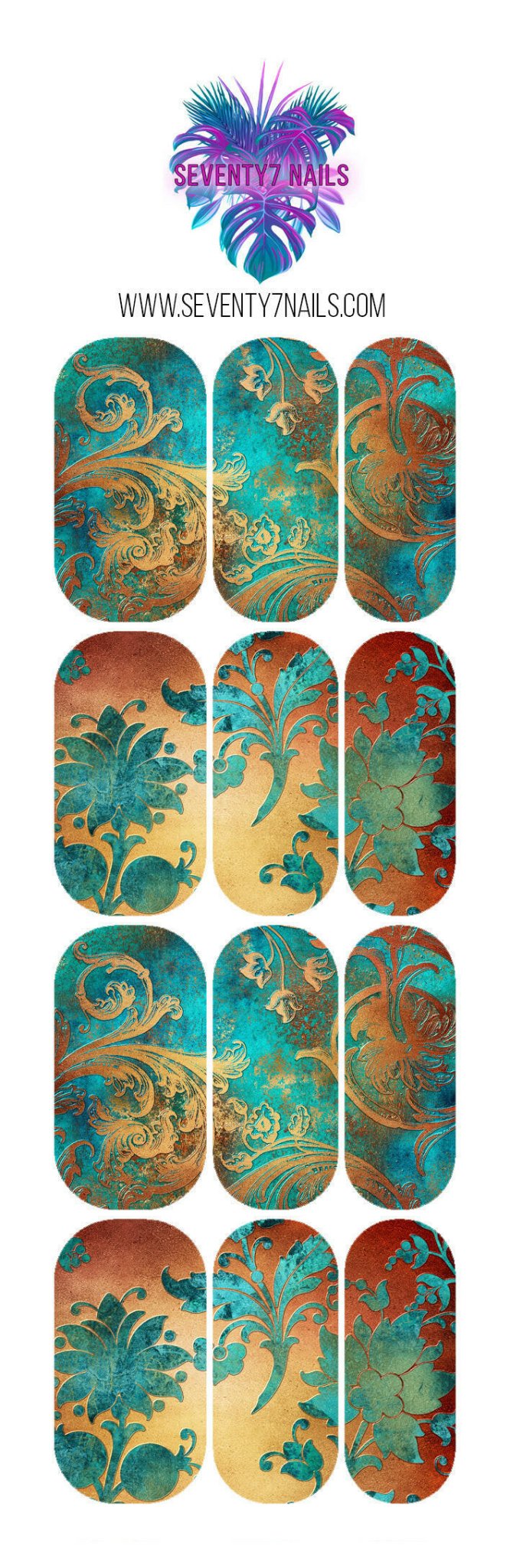 Waterslide Nail Decals - Teal Patina - Seventy7 Nail Decals