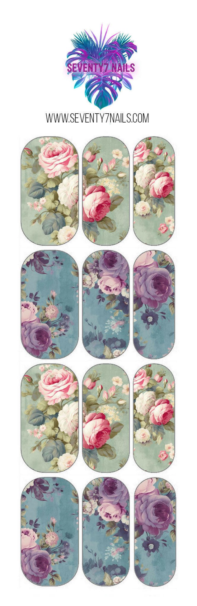 Waterslide Nail Decals - Teal Purple Floral - Seventy7 Nail Decals
