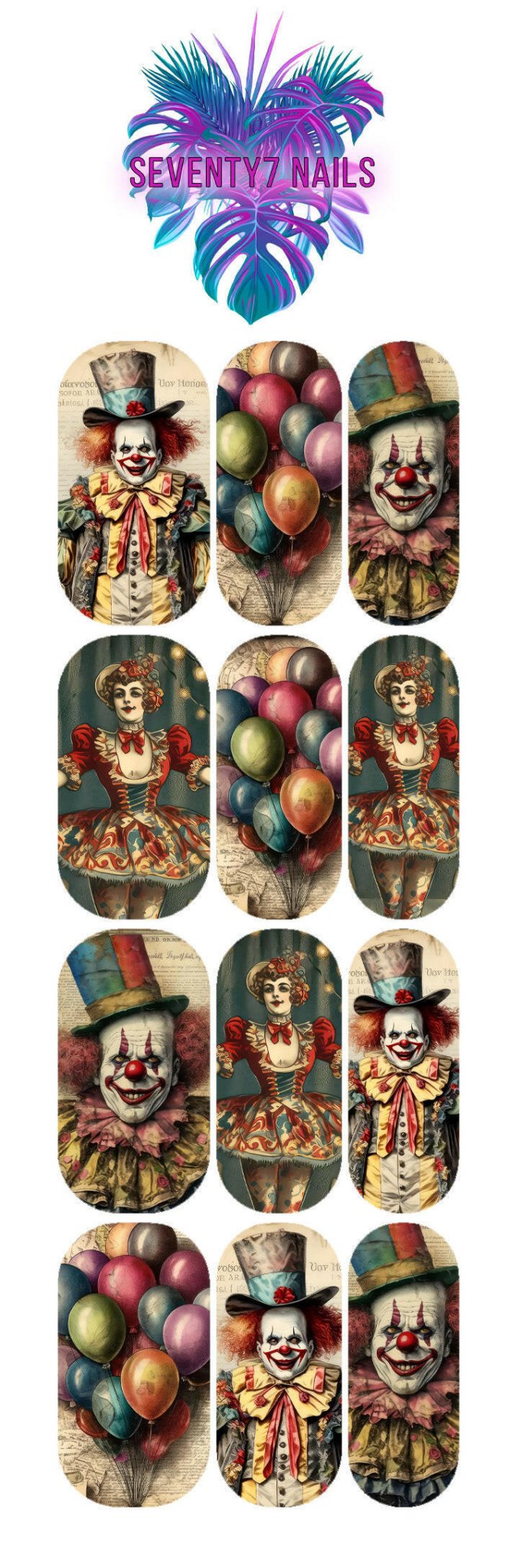Waterslide Nail Decals - Vintage Clowns - Seventy7 Nail Decals