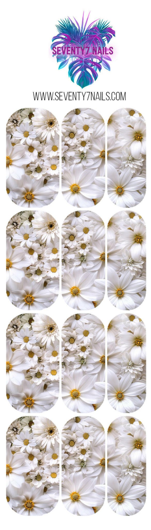 Waterslide Nail Decals - White Floral - Seventy7 Nail Decals